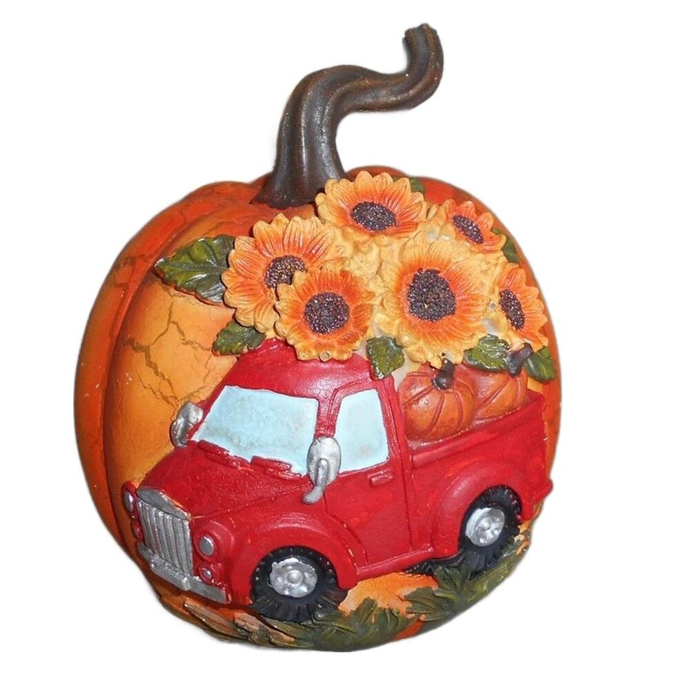 Resin Harvest Pumpkin w/Red Truck & Sunflowers Gerson Int'l 2484560 6"